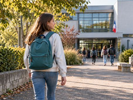 Adolescente portant un sac à dos sur les deux épaules devant un établissement scolaire.