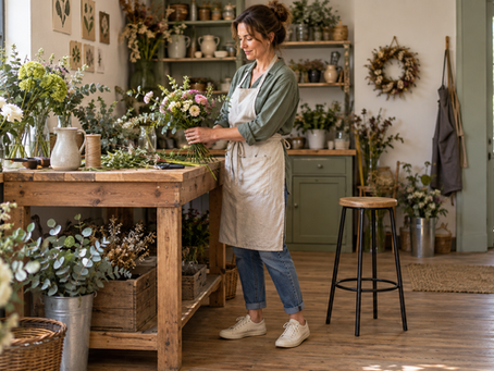 Une fleuriste travaille debout à son établi, avec un tabouret à proximité.