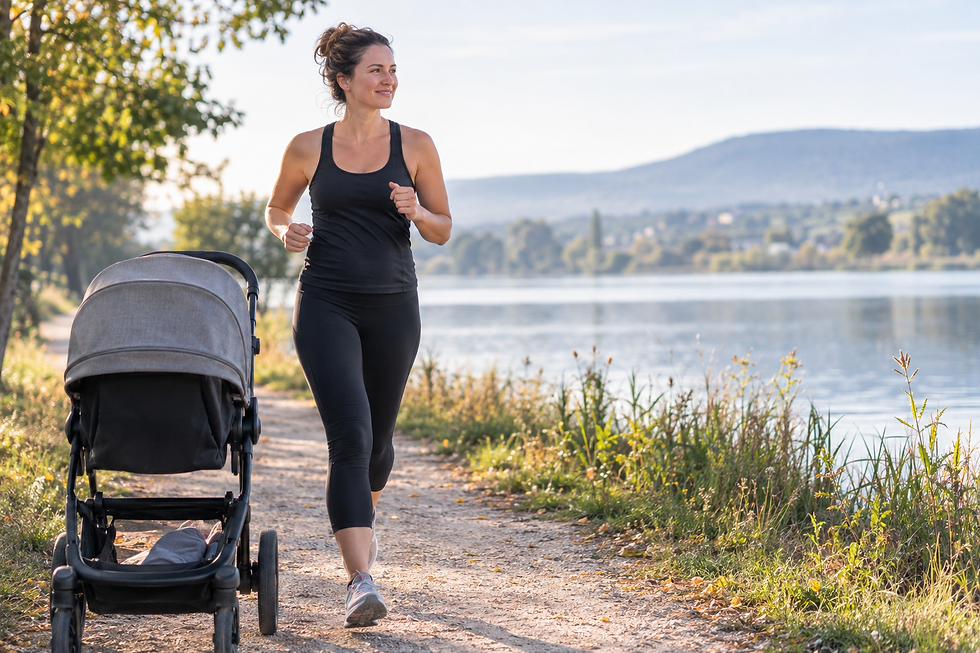 Femme adulte en période post-partum reprenant une course douce avec une poussette sur un chemin au bord de l’eau.
