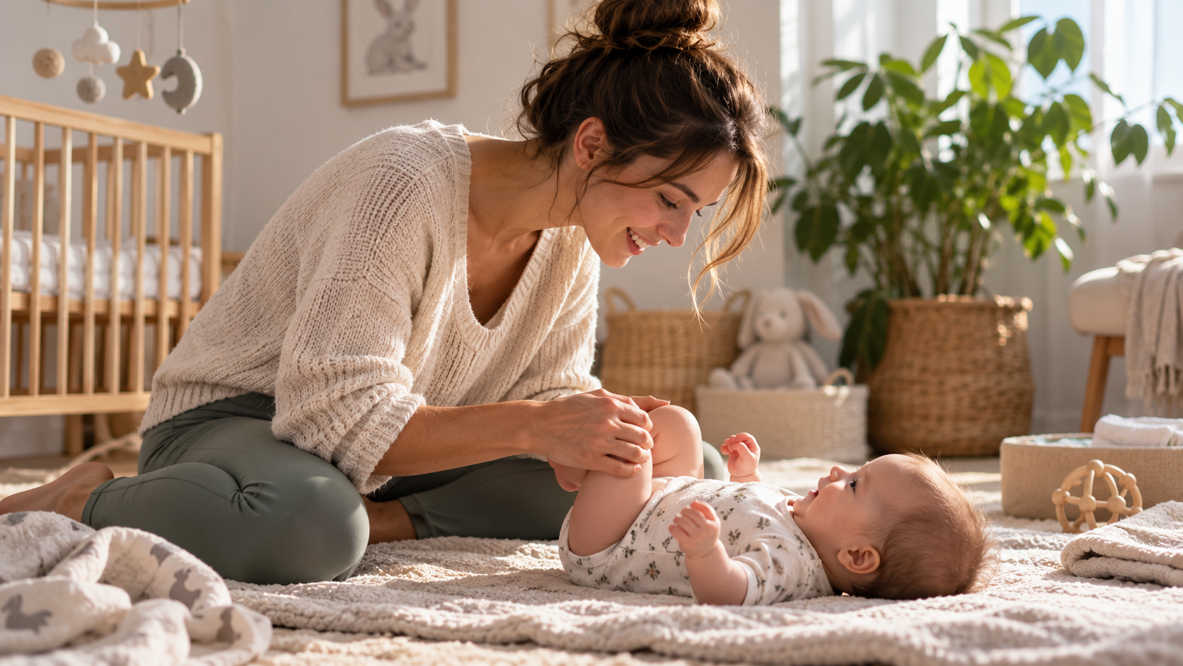 Jeune mère installée au sol avec son bébé dans une chambre lumineuse