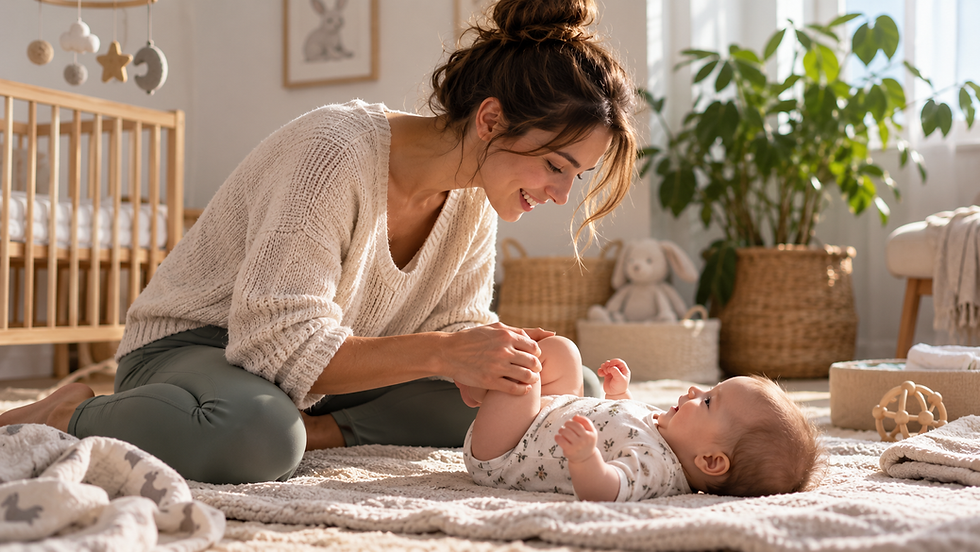 Jeune mère installée au sol avec son bébé dans une chambre lumineuse