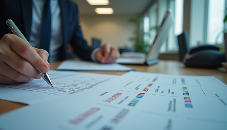 Eye-level view of a compliance officer reviewing operational checklists on a desk