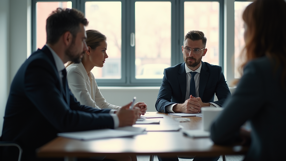 Eye-level view of a business meeting discussing partnership risks