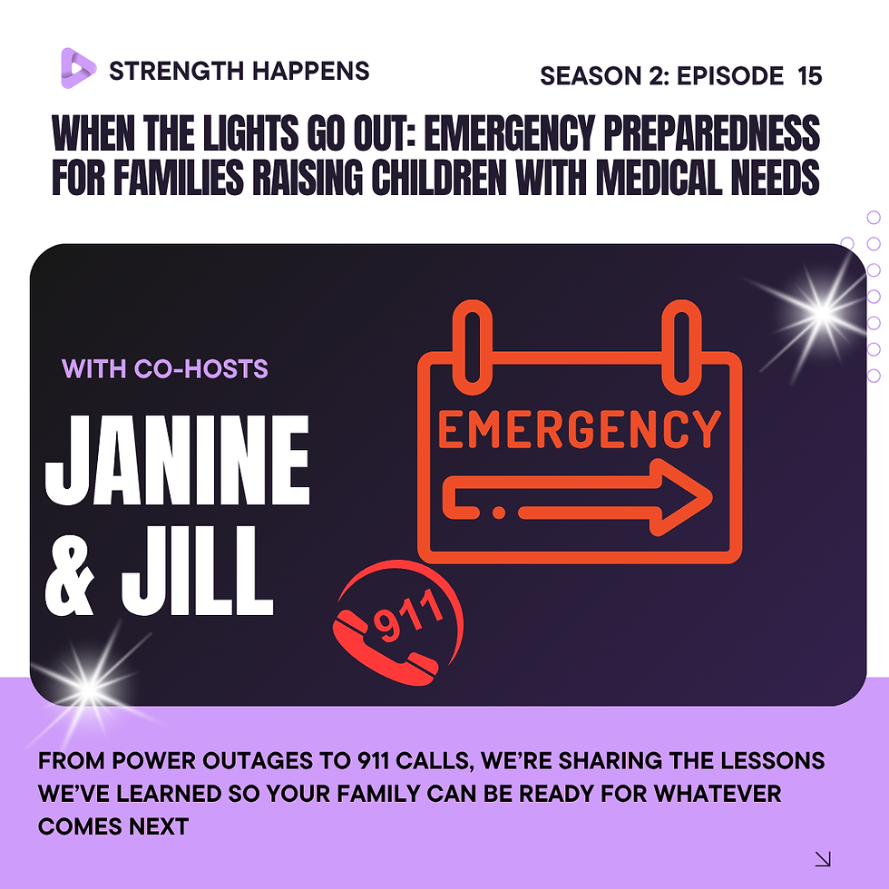Strength Happens promo for Season 2 Episode 15 on emergency prep; Janine & Jill beside 911 icon on dark purple poster.