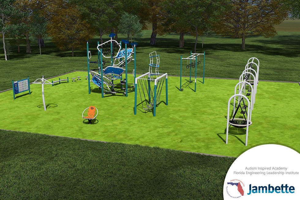 Playground with climbing structures on bright green grass, surrounded by trees. Text reads "Autism Inspired Academy, Jambette."
