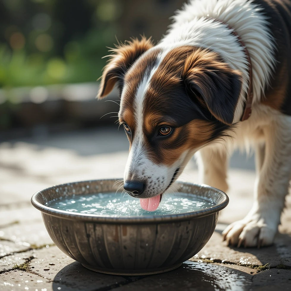 A brown and white dog drinks water to quench his thirst from a metal bowl on a sunlit patio. The scene feels calm and natural, with soft green in the background.