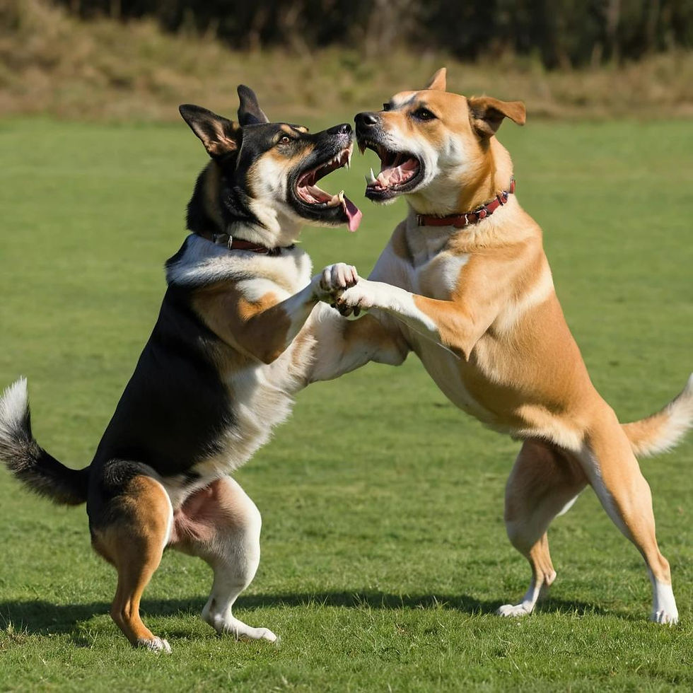 Two dogs playfully wrestle on a grassy field, standing on hind legs. Both have open mouths and red collars. Bright, sunny day.