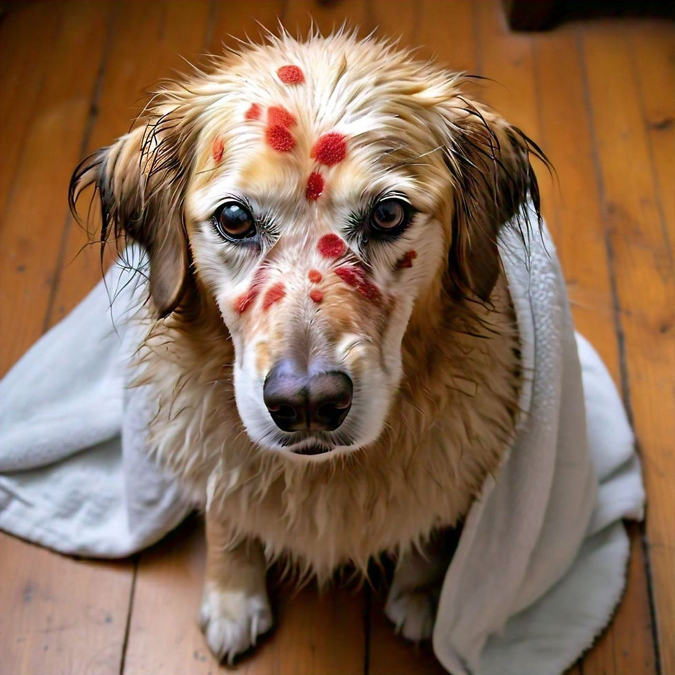 Wet dog with red spots on its head sits on wooden floor, wrapped in a white towel. The dog appears calm and slightly curious.