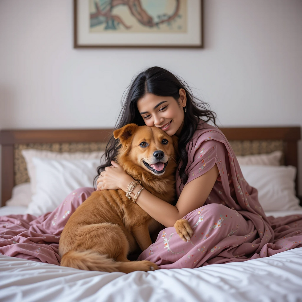 Woman and dog bonding on the bed