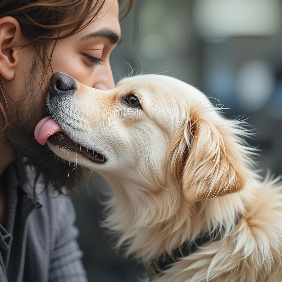Man and golden retriever face-to-face; the dog licks the man's nose. Soft focus background, warm tones, and a tender, affectionate mood.