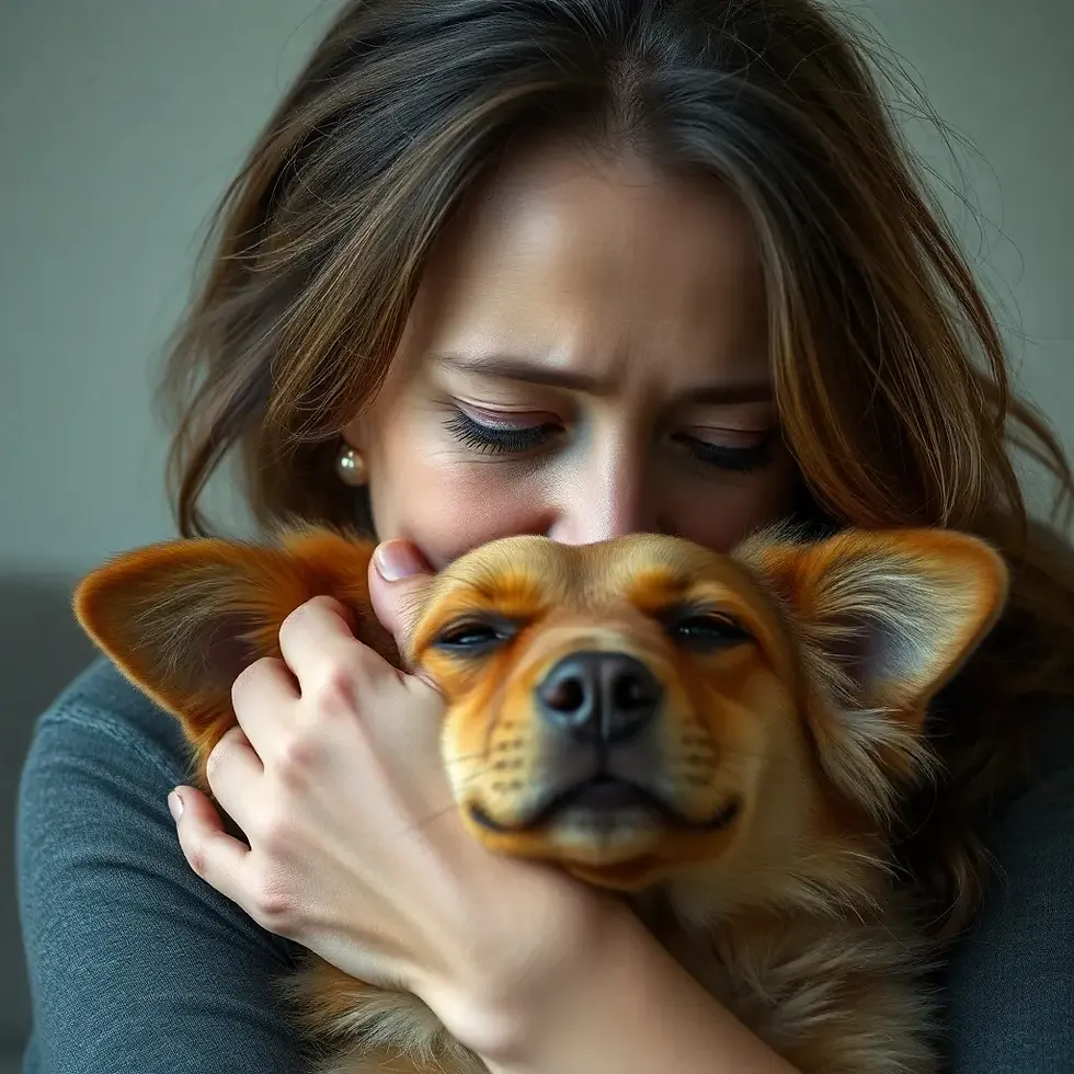 Woman hugging a small brown dog closely, both appearing calm and content. Soft lighting, neutral background. No text visible. Mood: comforting.
