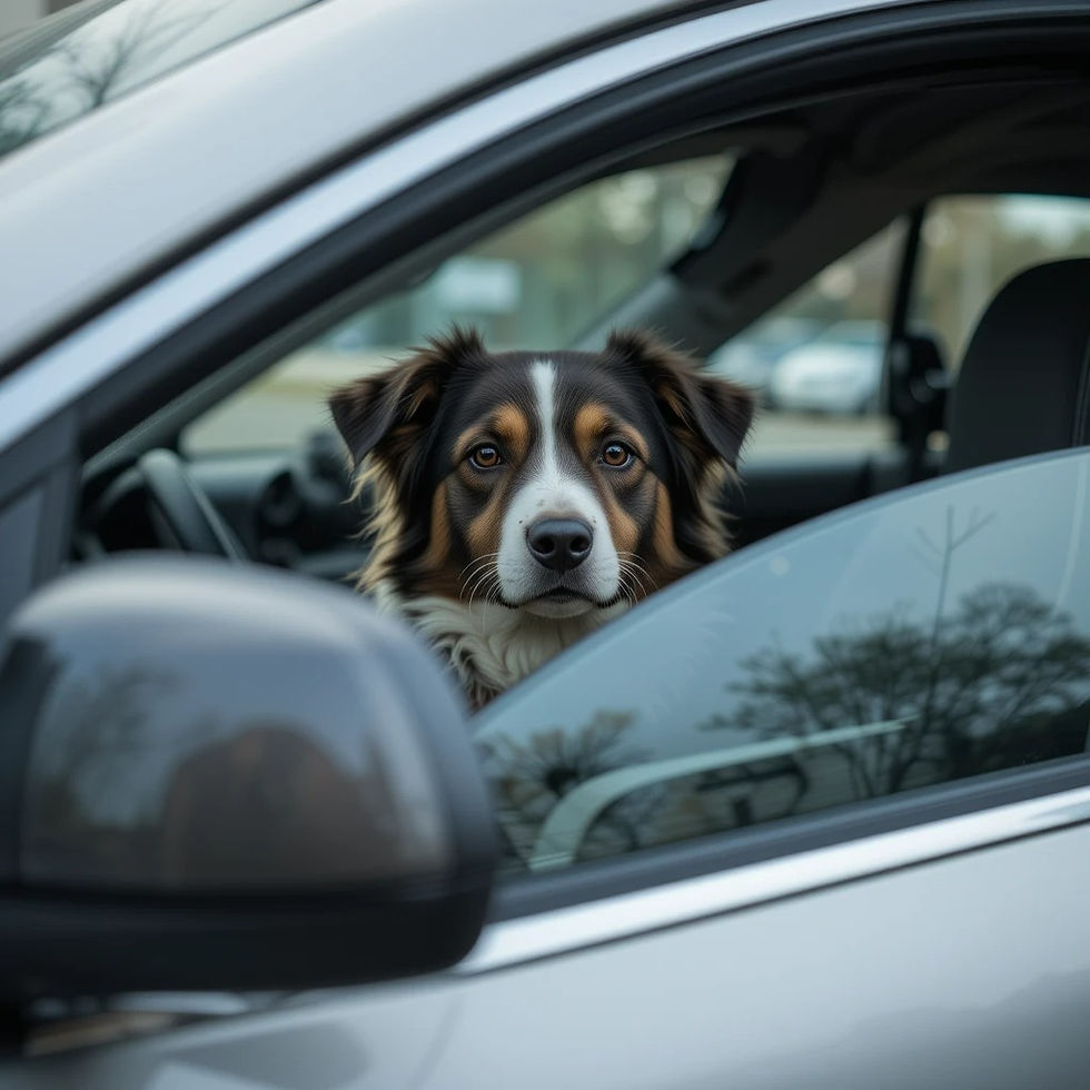 Dog inside a parked silver car, gazing out the open window. Background shows blurred trees and a parking area, creating a calm scene.
