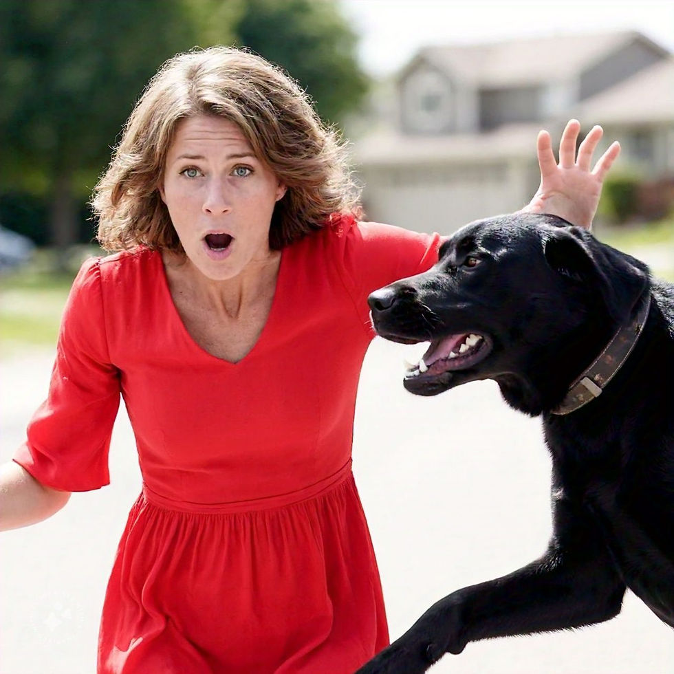Woman in red dress reacts with surprise as black dog jumps beside her. Suburban street background, daytime, expressive mood.
