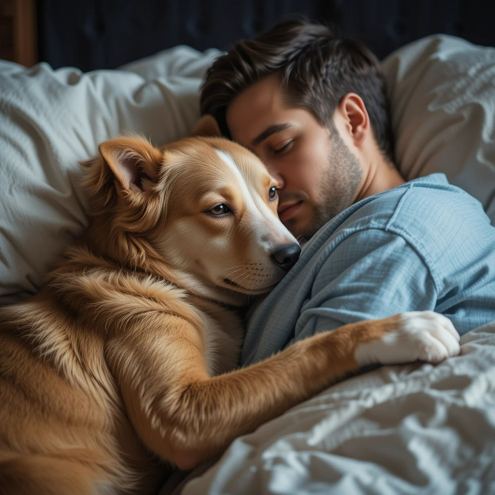 A man and his dog cuddle in bed. The dog's golden fur contrasts with the man's blue shirt. The peaceful setting conveys warmth and comfort.