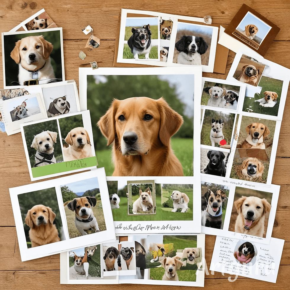 Collage of dog photos on wood surface, featuring various breeds. Central image shows a serious golden retriever. Polaroid and print styles.