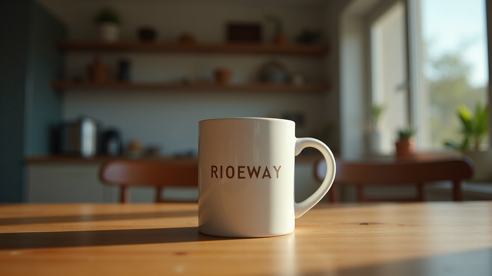 Eye-level view of a personalized coffee mug