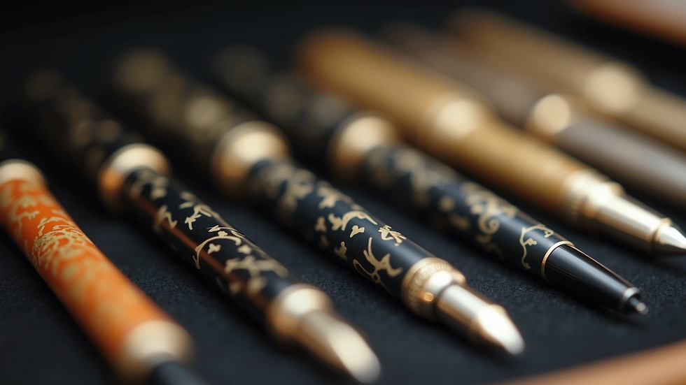 Eye-level view of a collection of branded pens in a display case