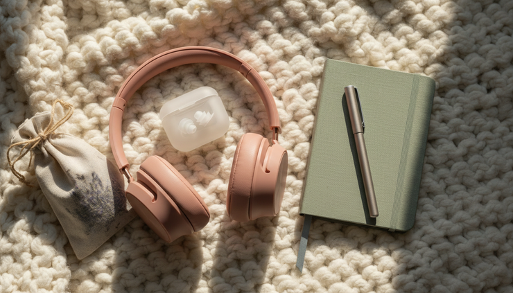 Overhead view of a small calming kit with earplugs, headphones, a notebook, and a lavender pouch