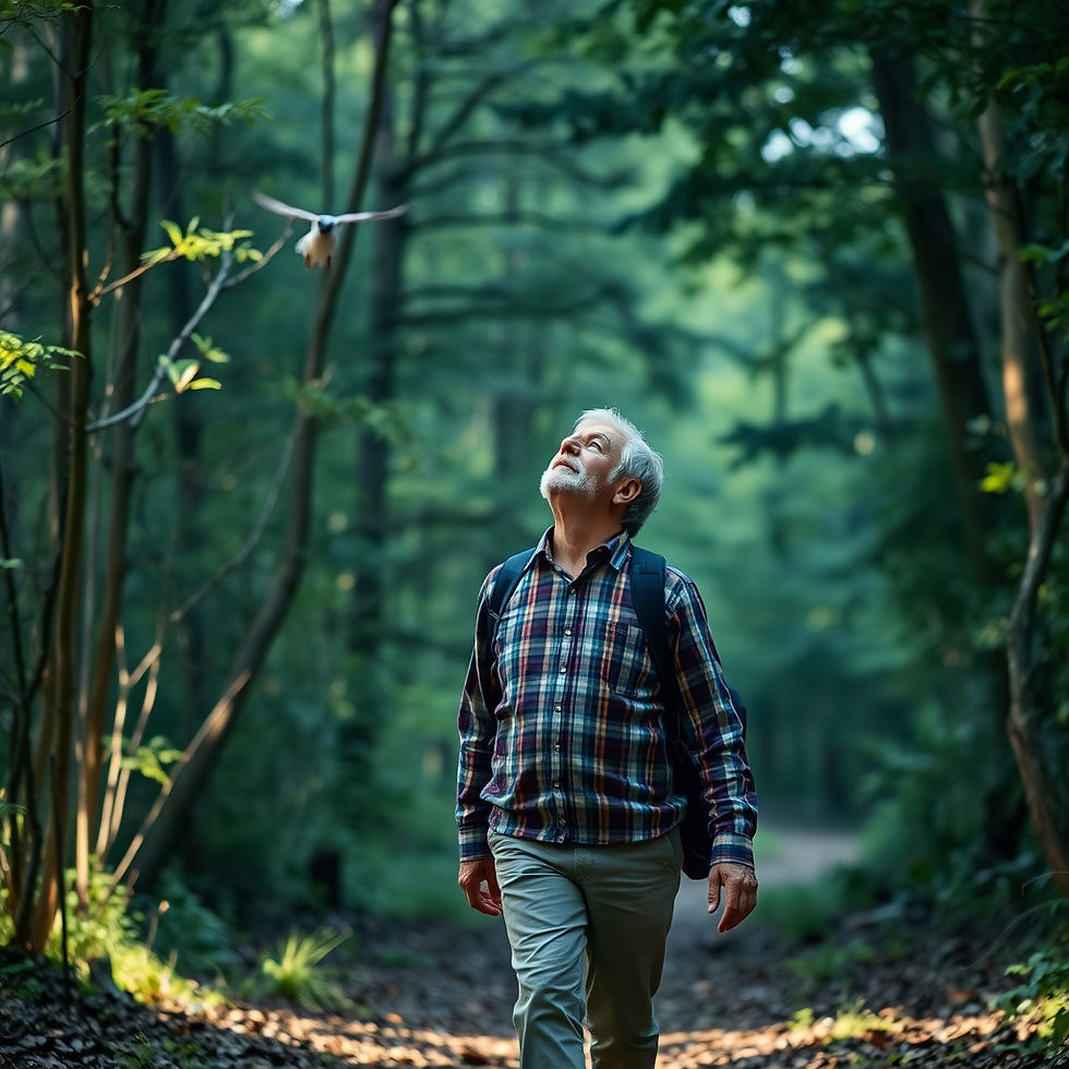 a man walking through woodland and noting the sights, sounds and sensations