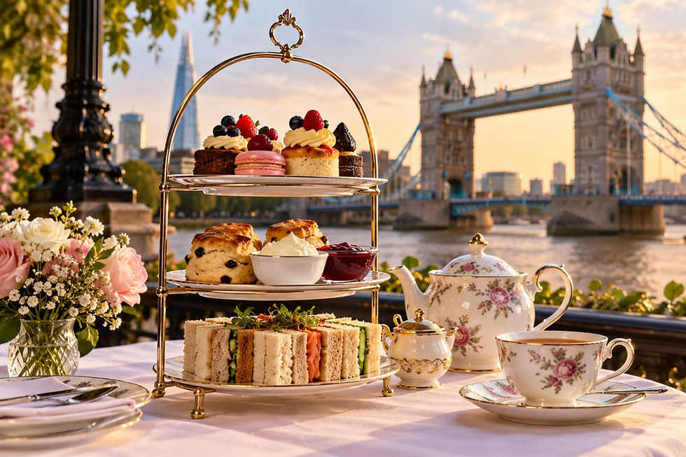 High tea met gebak, sandwiches en porseleinen theeservies bij zonsondergang aan de Tower Bridge in Londen.