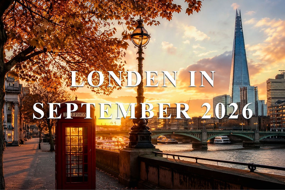 London bij zonsondergang met The Shard, rode telefooncel en herfstbladeren; tekst: LONDEN IN SEPTEMBER 2026.