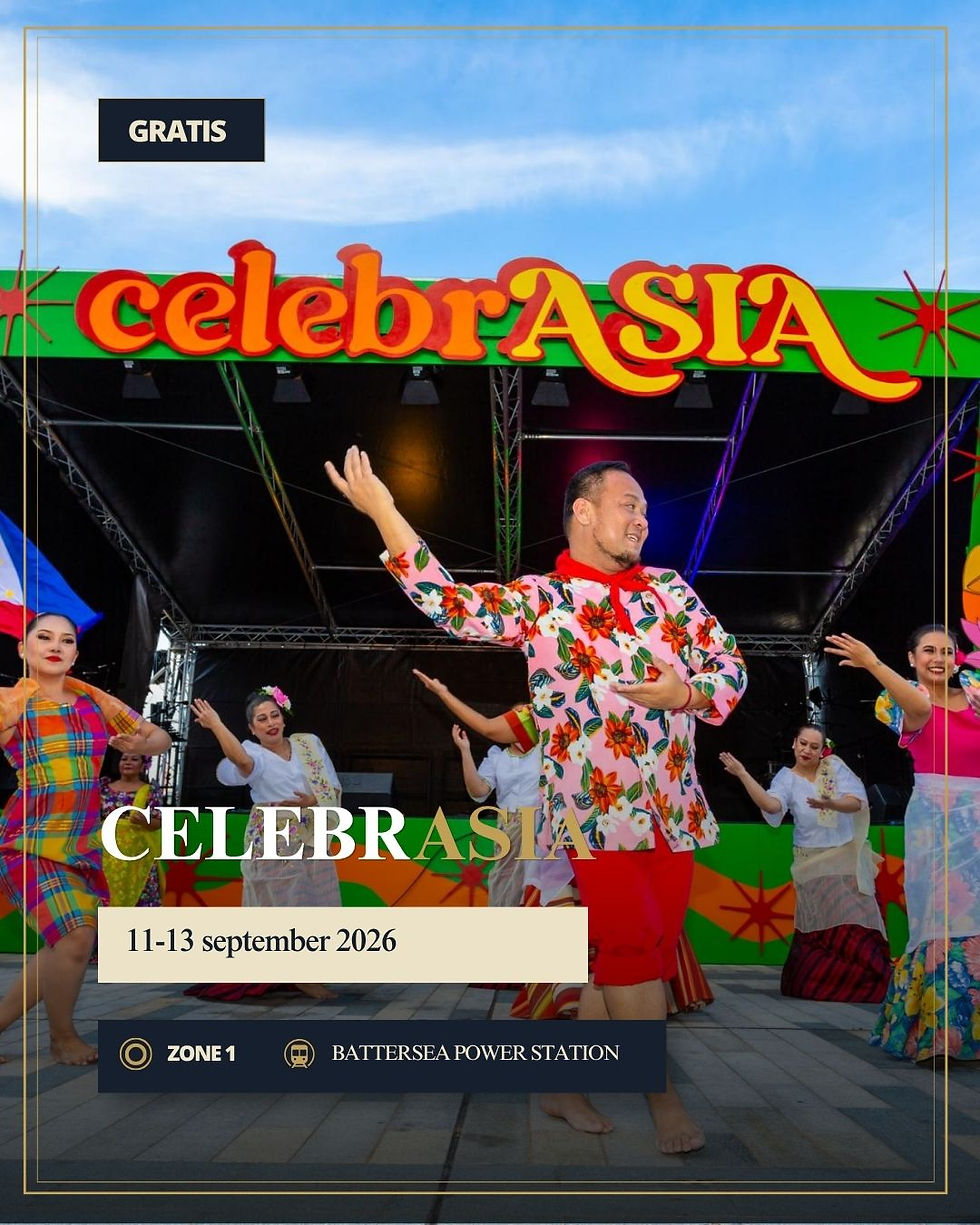 Dansers op CelebASIA-podium; poster met GRATIS, 11-13 september 2026 en Zone 1 Battersea Power Station.