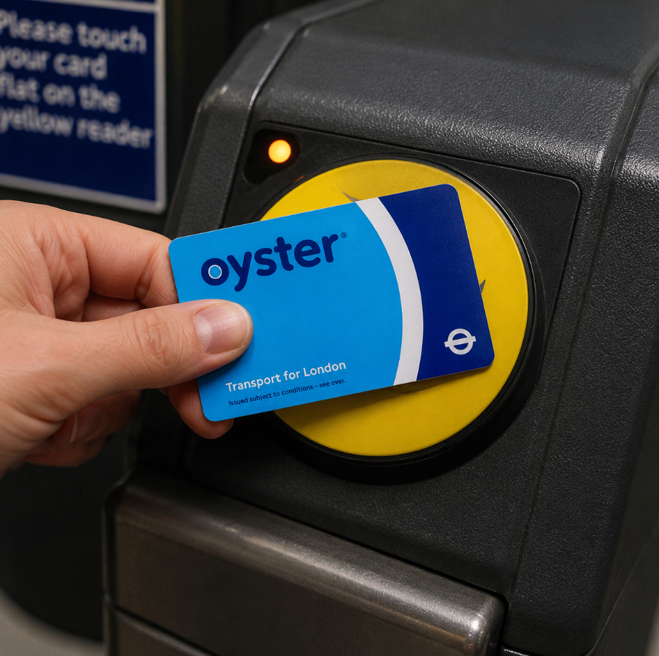 Hand houdt een blauwe Oyster-kaart tegen een gele OV-kaartlezer met oranje lampje; vaag bord op de achtergrond.