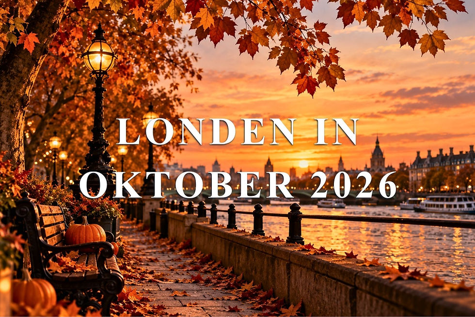 Herfstig Londen aan de rivier bij zonsondergang, met pompoenen, lantaarns en tekst LONDEN IN OKTOBER 2026
