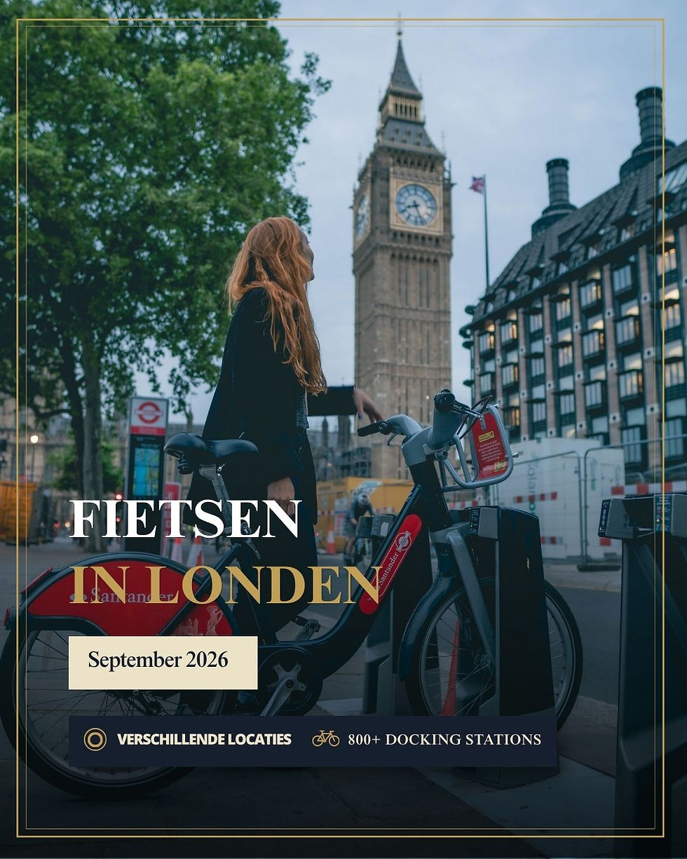 Vrouw op deelfiets in Londen met Big Ben; postertekst: FIETSEN IN LONDEN, September 2026, 800+ docking stations.
