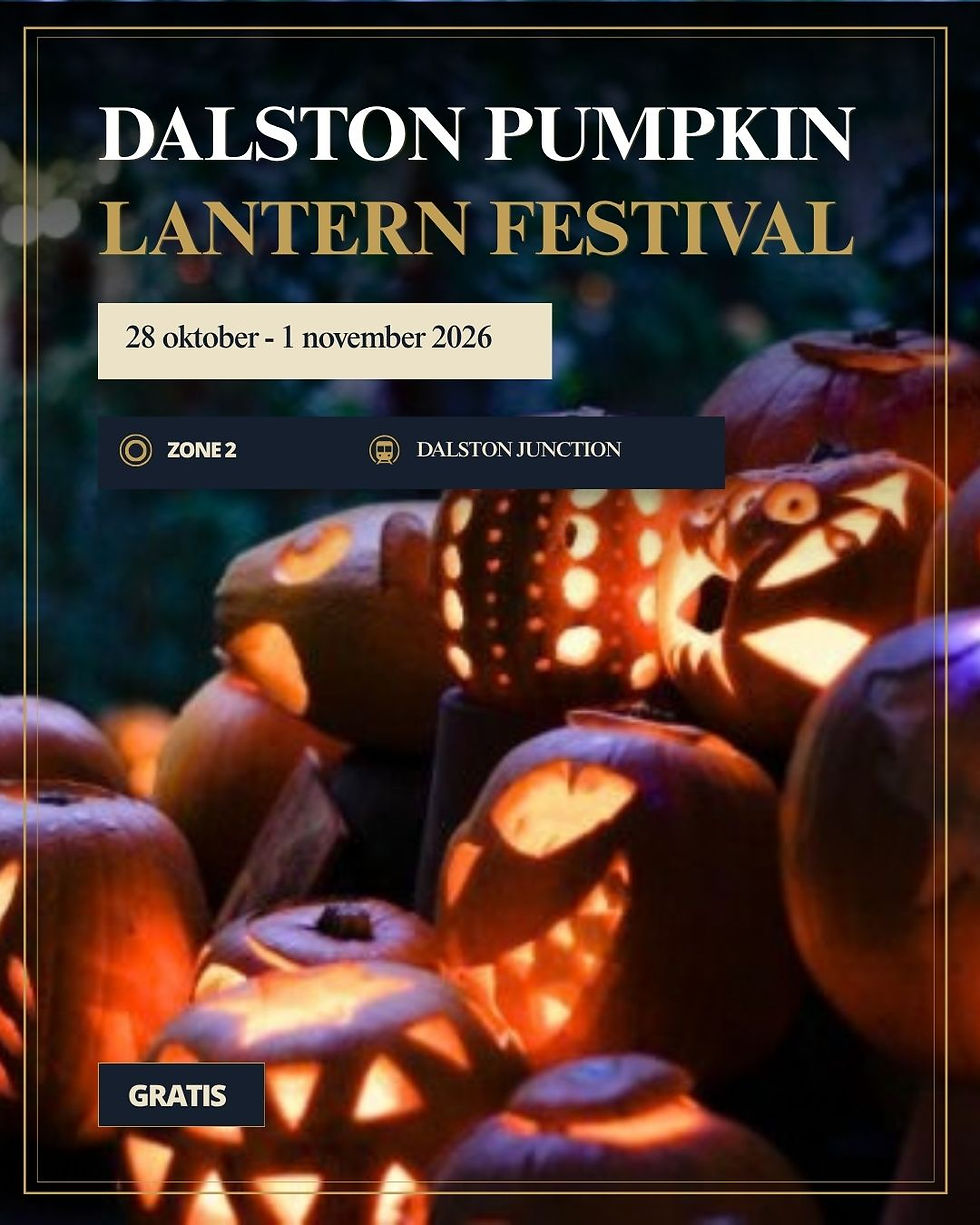 Affiche met verlichte pompoenen voor Dalston Pumpkin Lantern Festival; 28 okt-1 nov 2026, Zone 2 Dalston Junction, gratis.