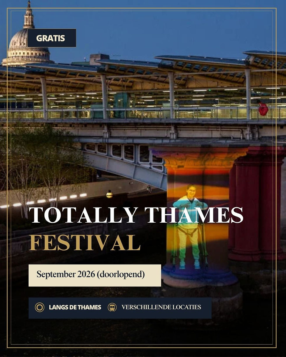 Poster voor Totally Thames Festival met St Paul’s, regenboogzuil en tekst GRATIS, September 2026, langs de Thames.