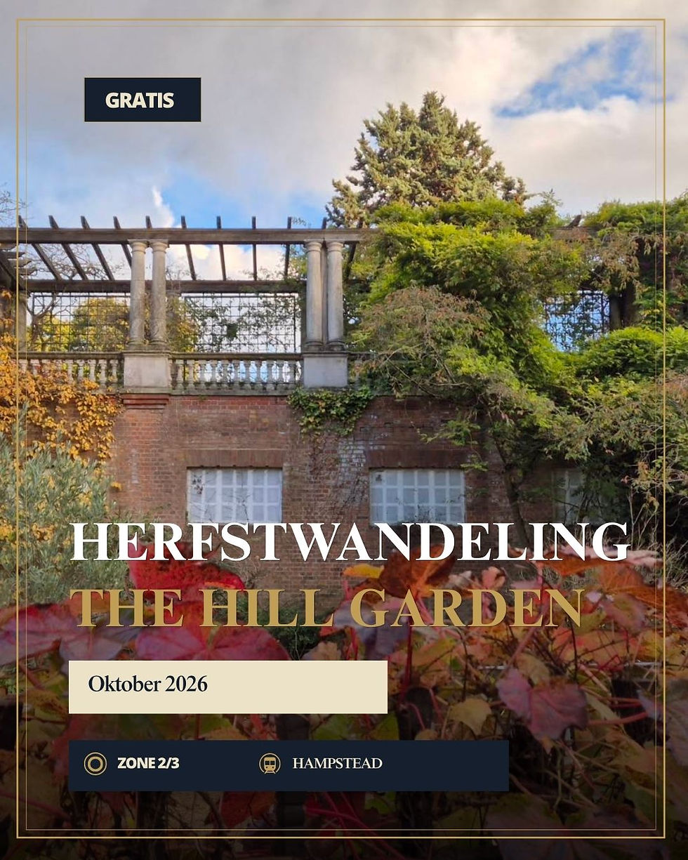 Poster van herfstocht in The Hill Garden met groen tuinmuur, titel HERFSTWANDELING, GRATIS, Oktober 2026, Zone 2/3 Hampstead