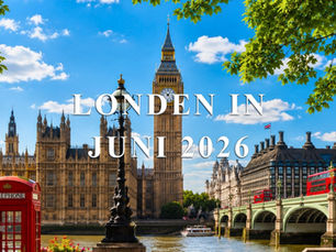 Londen met Big Ben, rode telefooncel en dubbeldekkers; grote tekst: LONDEN IN JUNI 2026