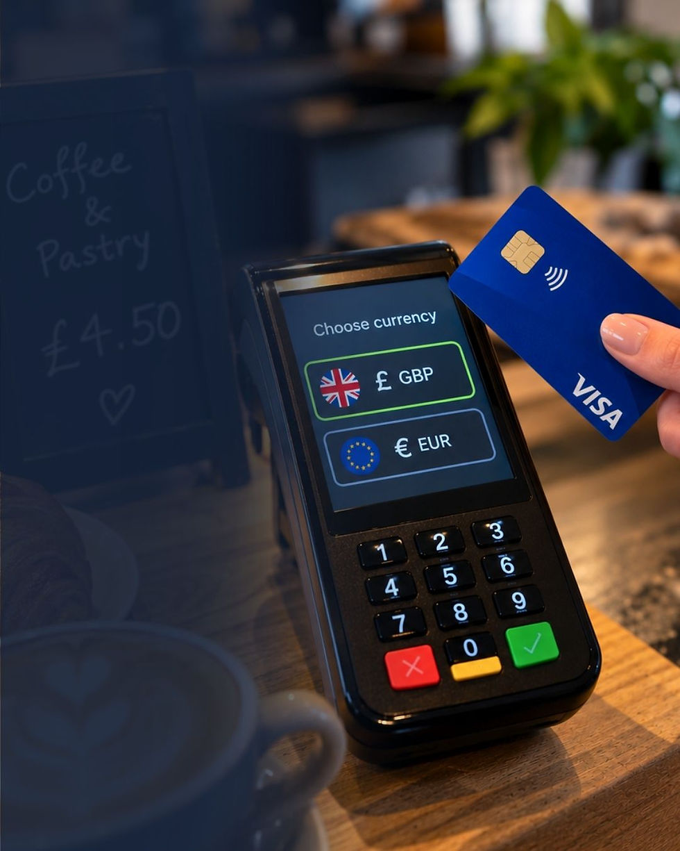 Hand houdt blauwe Visa-kaart bij pinapparaat in café; scherm toont valuta kiezen: GBP of EUR.
