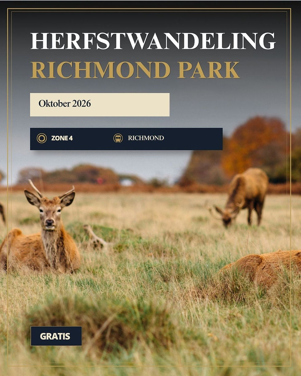 Herfstwandeling Richmond Park poster met grazende herten in grasland; teksten: Oktober 2026, Zone 4, Richmond, Gratis