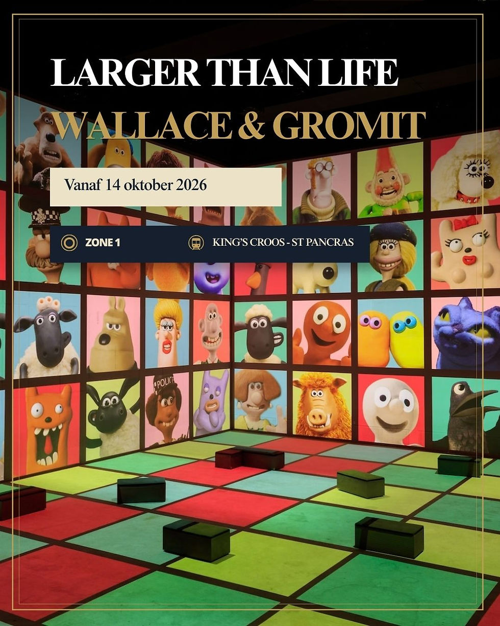Poster van Wallace & Gromit met kleurrijke gezichten op een mozaïekvloer; tekst: Larger Than Life, vanaf 14 oktober 2026.