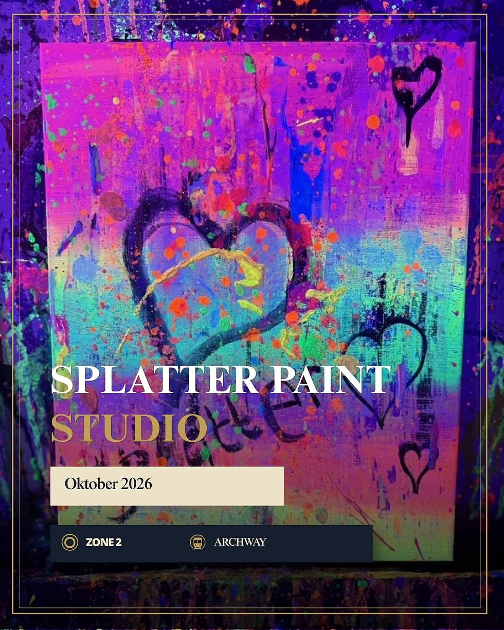Felgekleurde spuitverfposter met hartjes en verfspatten; tekst: SPLATTER PAINT STUDIO, Oktober 2026, ZONE 2, ARCHWAY.