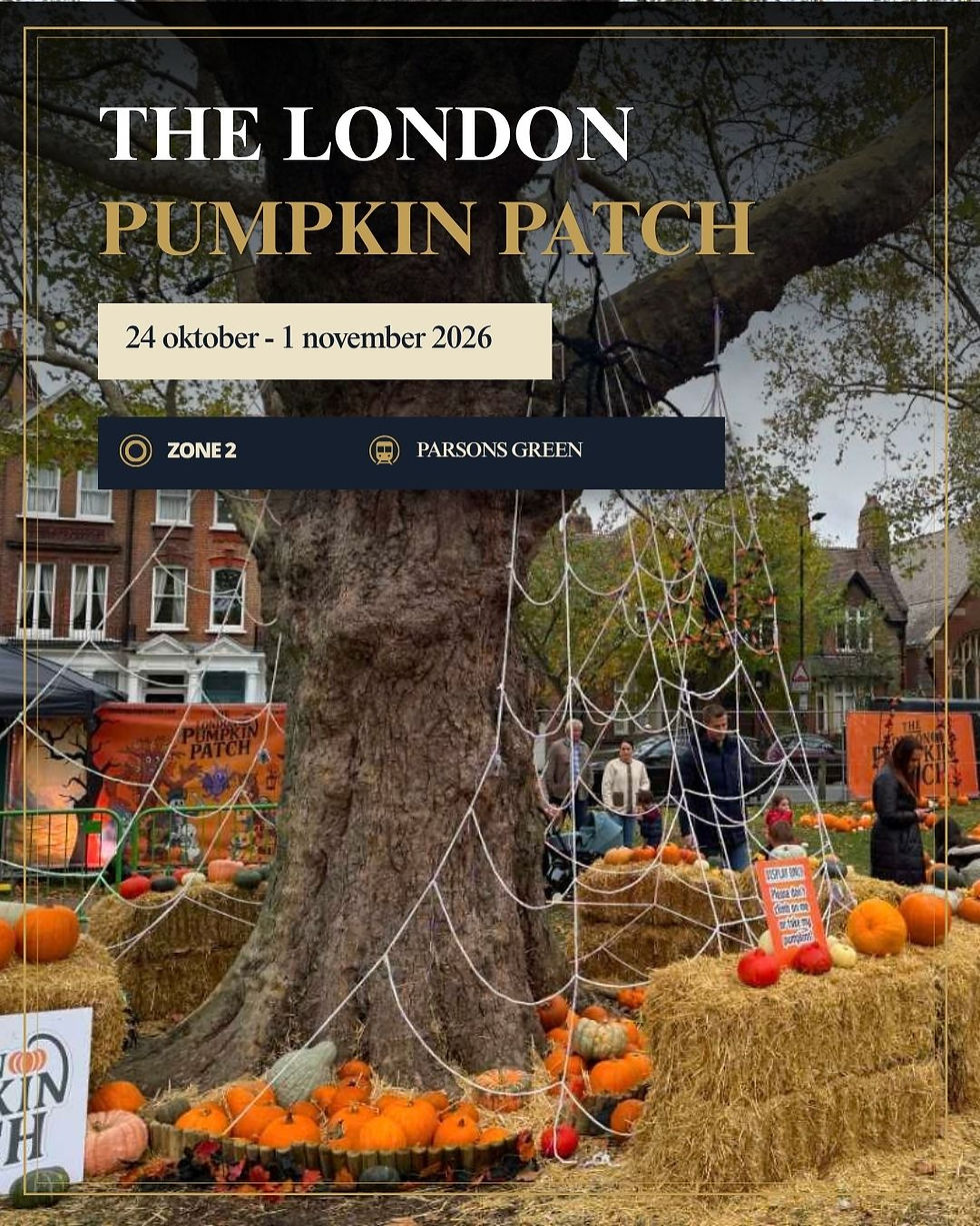 Poster van The London Pumpkin Patch bij een grote boom met pompoenen, spinnenwebdecor en mensen; 24 okt-1 nov 2026, Zone 2 Parsons Green