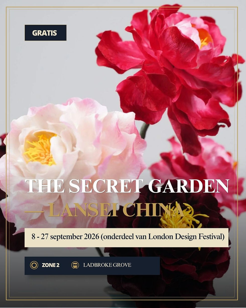Poster met roze en rode bloemen, tekst THE SECRET GARDEN – LANSEI CHINA, GRATIS, 8-27 september 2026, Zone 2 Ladbroke Grove