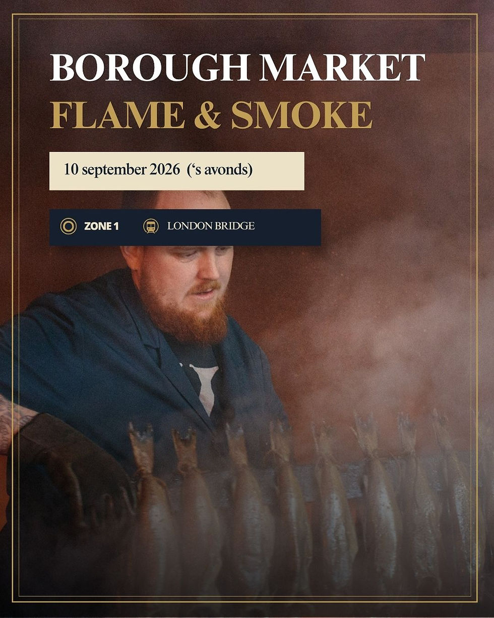 Poster voor BOROUGH MARKET FLAME & SMOKE met rokende vis en chef, 10 september 2026, London Bridge.