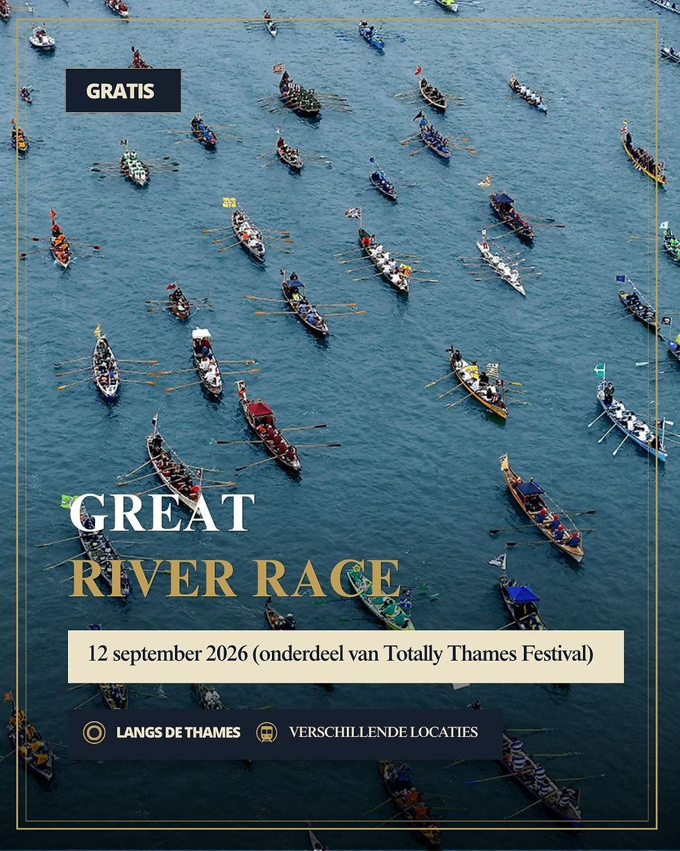 Luchtafbeelding van vele roeiboten op de Thames; affiche voor Great River Race met GRATIS en 12 september 2026.