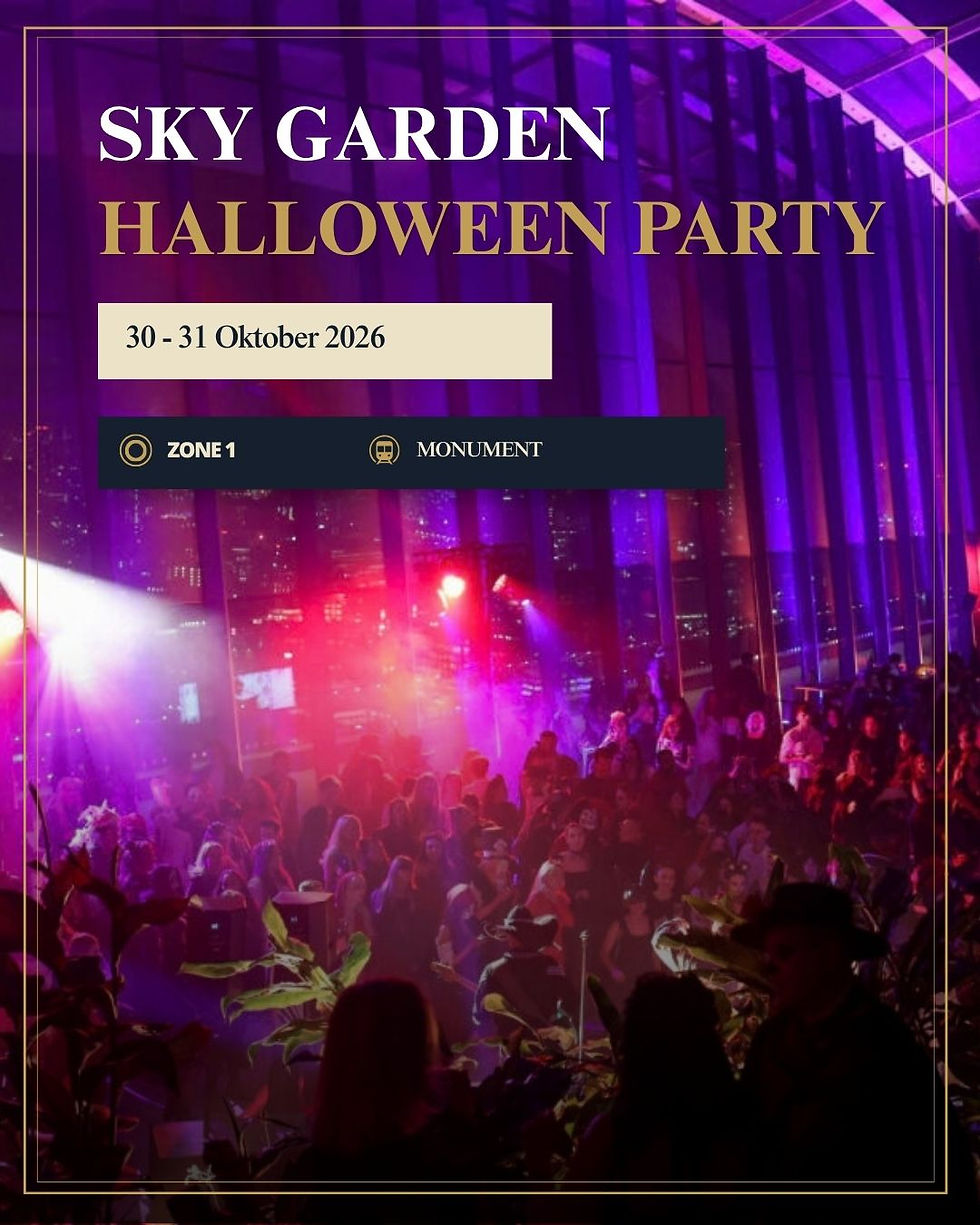Sky Garden Halloween Party-poster met paars verlichte menigte, 30-31 oktober 2026, Zone 1 Monument.