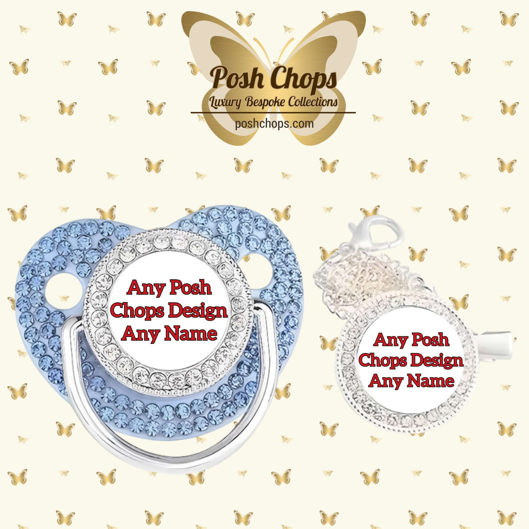 Posh Baby Deluxe Full Blue & Silver Bling Dummy and Clip Set