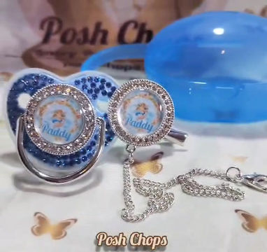 Thumbnail: Posh Baby Deluxe Full Blue & Silver Bling Dummy and Clip Set