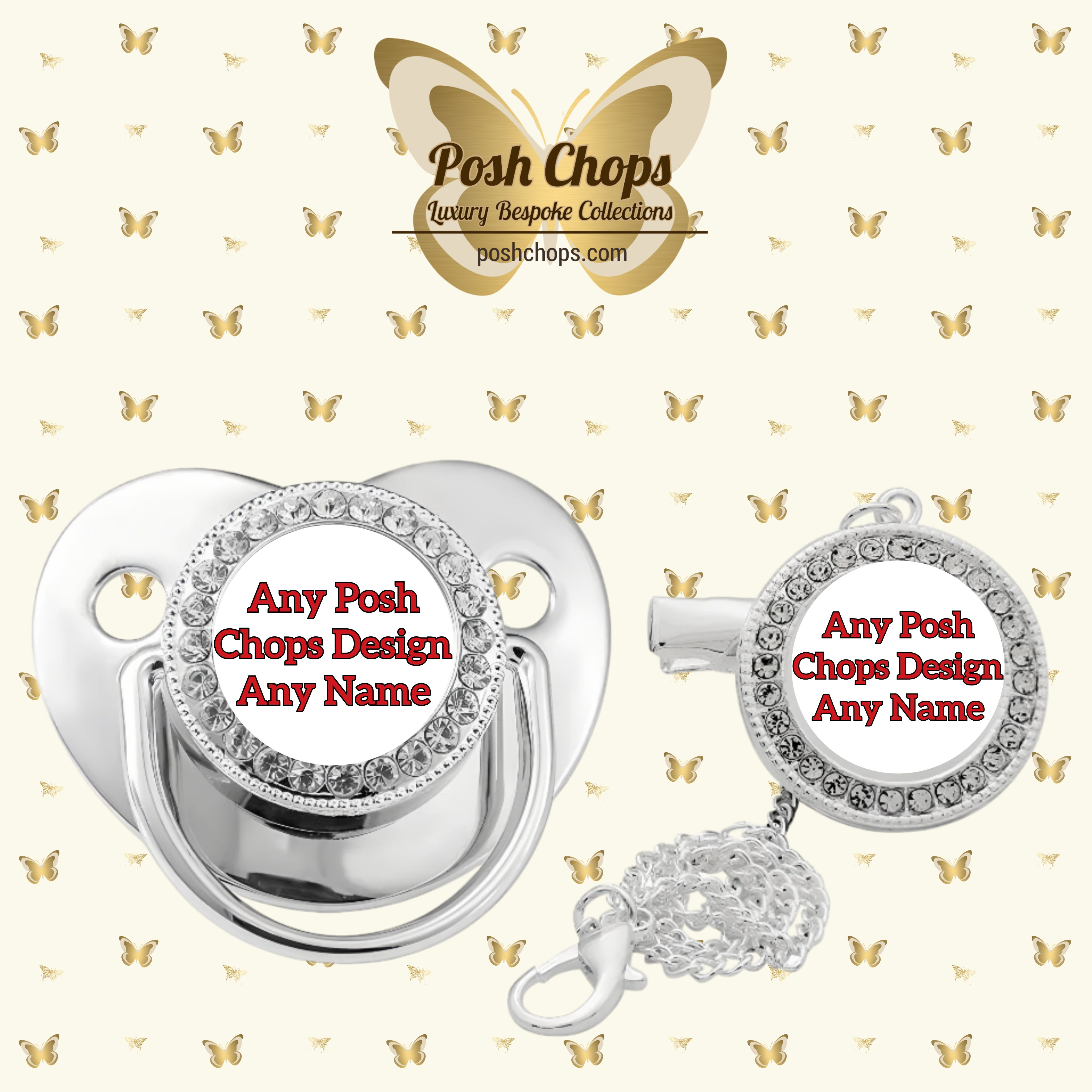 Posh Baby Silver Bling Dummy and Clip Sets