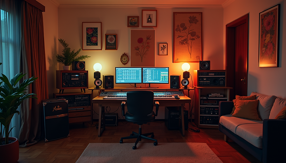 Cozy music studio with keyboard, dual monitors, and speakers on a wooden desk. Warm lighting, wall art, and a sofa accent the room.