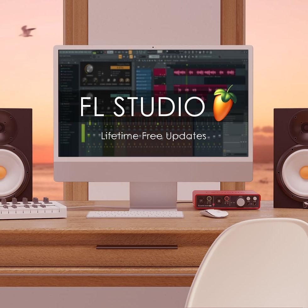 Computer screen displaying FL Studio, "Lifetime Free Updates" text. Speakers and mixer on desk. Sunset view with a bird in the background.