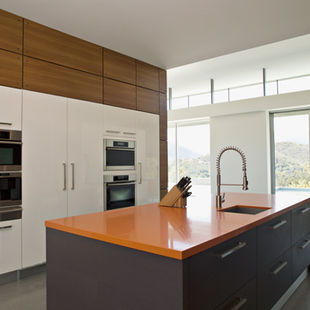 Modern kitchen with orange countertop, white cabinets, built-in ovens, and a large faucet. Sunlit view of hills through glass doors.