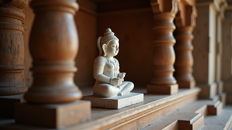 Eye-level view of a marble idol placed on a traditional wooden mandir
