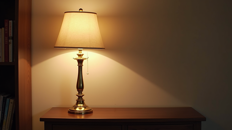 Eye-level view of a traditional brass lamp placed on a wooden shelf